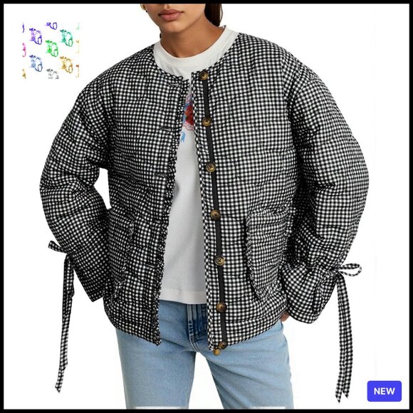 Jackets & Blazers - Cropped Quilted Puffer Jacket Lightweight Plaid Button Down Bow Chic